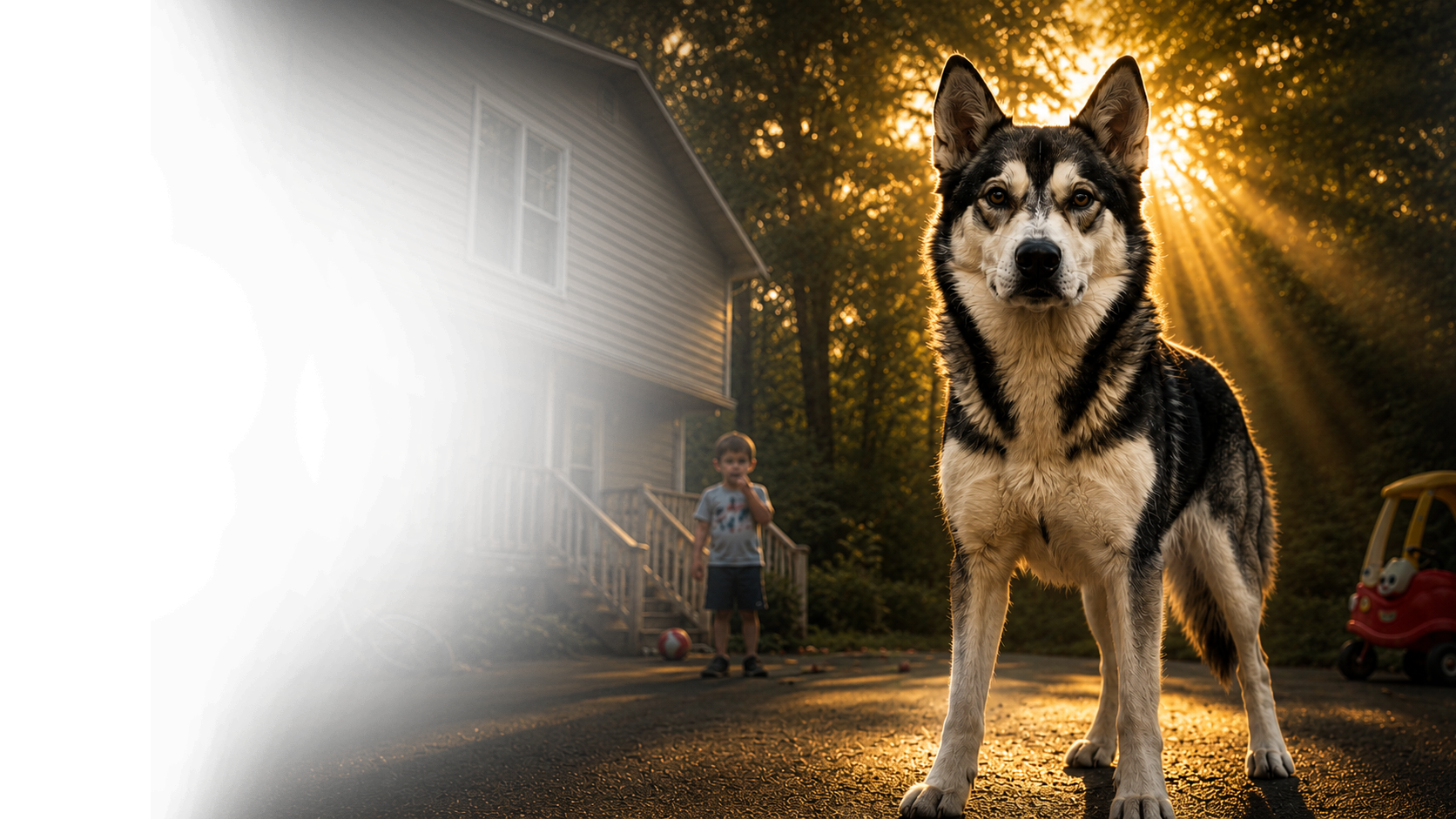 Bella the husky standing protectively in a driveway